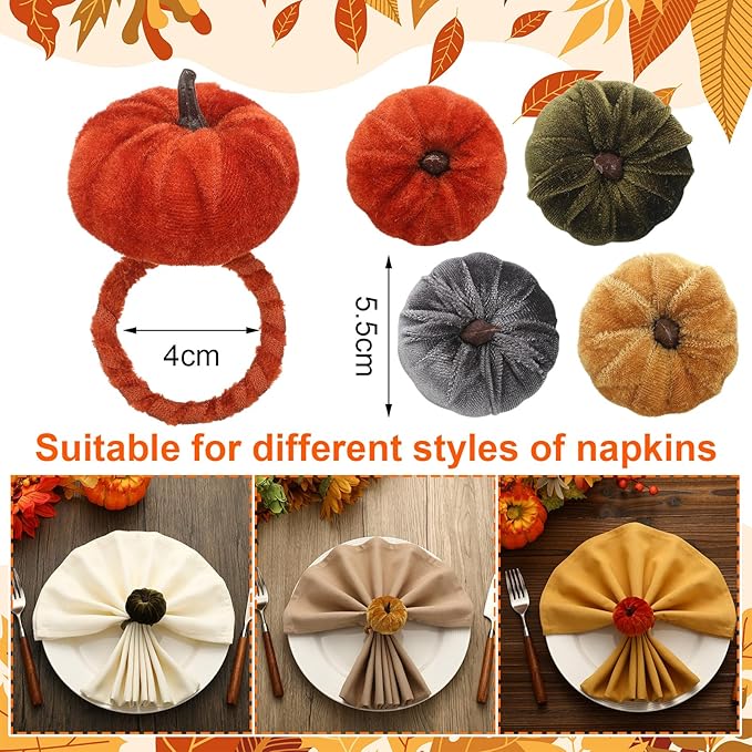 LemonRoad 12 Pcs Velvet Pumpkin Napkin Rings Bulk Fall Pumpkin Chic Napkin Holder Rings Buckle for Thanksgiving Day Xmas Holiday Birthday Anniversary Dinner Wedding Dining Table Decoration