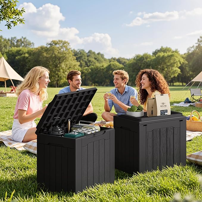 JUMMICO 31 Gallon Resin Deck Box Waterproof Indoor Outdoor Storage Boxes for Patio Furniture Cushions and Garden Tools (Black, 31gallon-2 Packs)