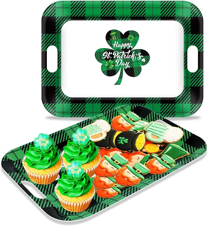 gisgfim 2Pcs St. Patrick's Day Serving Trays with Handle 16 x 11 Inch Large Melamine Rectangular Buffalo Plaid Serving Platter Tray Lucky Shamrock Melamine Dishes for Serving Food Outdoor Party