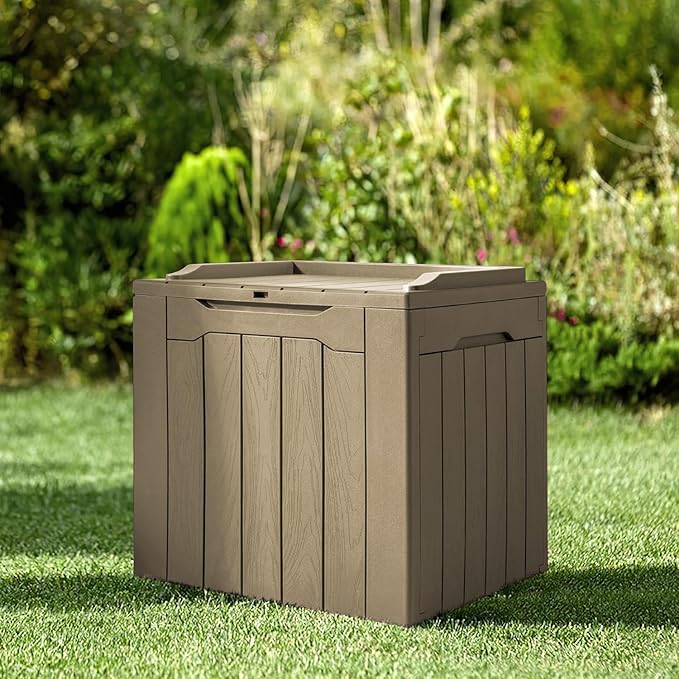 JUMMICO 31 Gallon Resin Deck Box Waterproof Indoor Outdoor Storage Boxes for Patio Furniture Cushions and Garden Tools (Light Brown)