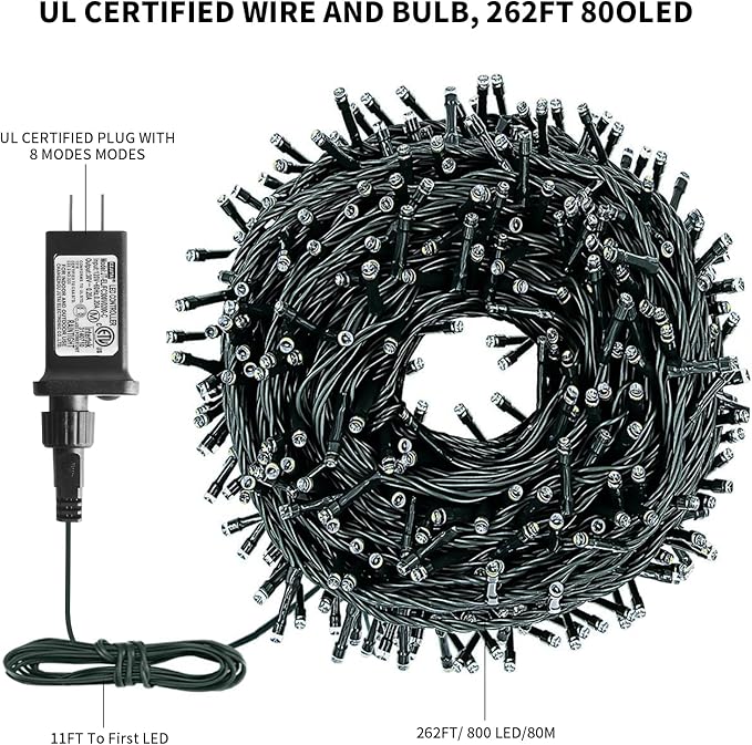 XTF2015 262FT 800 LED Christmas String Lights, Christmas Lights Plug 8 Modes Memory Function with Timer, UL Certified Outdoor Indoor Fairy Light Christmas Tree, Patio, Party (Multicolor)