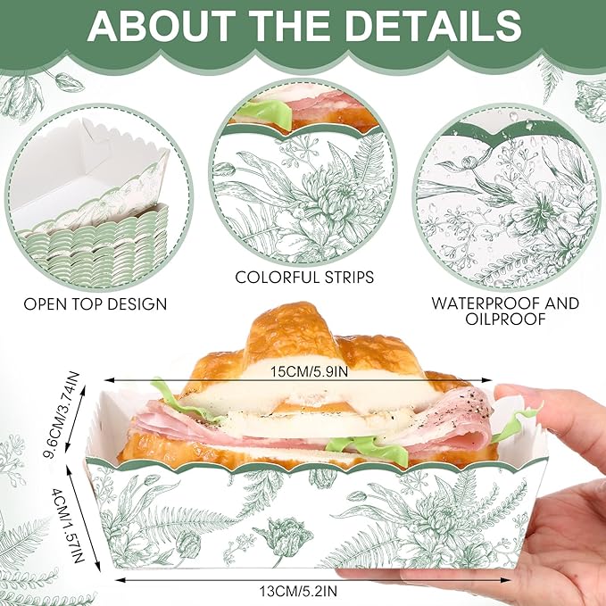 48 Pcs Sage Green Floral Paper Food Trays Vintage Flower Nacho Boat Trays Disposable Snack Holder for Spring Birthday Party Baby Shower Bridal Wedding Supplies