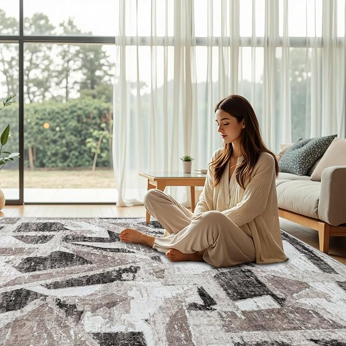 Modern Abstract 6X9 Area Rug for Living Room Bedroom Washable, with Non-Slip Rubber Backing Print Faux Wool Thin, Grey Throw Large Carpet for Kids Playroom Dining Room Pet & Child Friendly