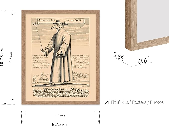 Poster Master Vintage Medieval Poster - Retro Illustration Print - Gift for Friend - Plague Doctor, Pandemic Mask, Physician, Black Death - Wall Decor for Home, Living Room, 8x10 Beige Framed