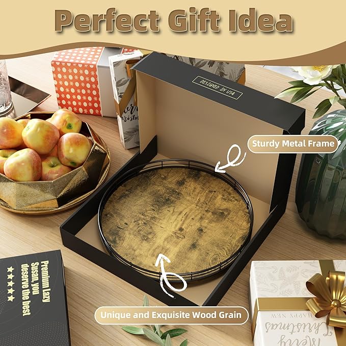 Lazy Susan Turntable Organizer for Table Top, 12’’ Round Wooden Lazy Susan for Cabinet Kitchen Countertop Pantry Dining Coffee Table for Condiments Spices, Rustic Bathroom Vanity Tray for Soap Candle