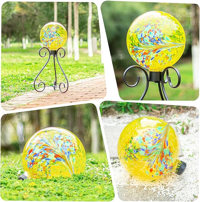 VCUTEKA Gazing Ball, Glass Gazing Balls Sphere for Garden Lawn Outdoor Ornament Yard Decorative, Yellow Swirl, 10"