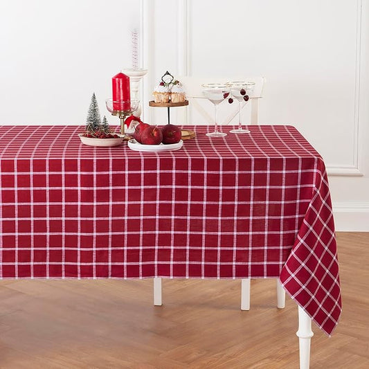 Solino Home Linen Plaid Tablecloth 60 x 90 Inch - 100% Pure Linen Windowpane Red Table Cloth for Rectangle Tables - Machine Washable Tablecloth