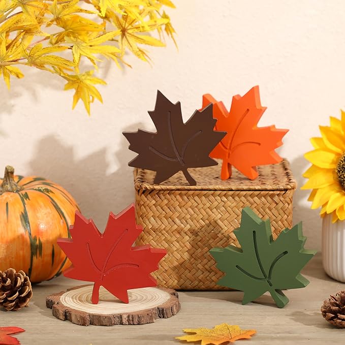 4pcs Fall Leaves Decorations Farmhouse Thanksgiving Table Decor Centerpiece Wooden Maple Leaf Signs Block for Autumn Harvest Tiered Tray Party Shelf Display