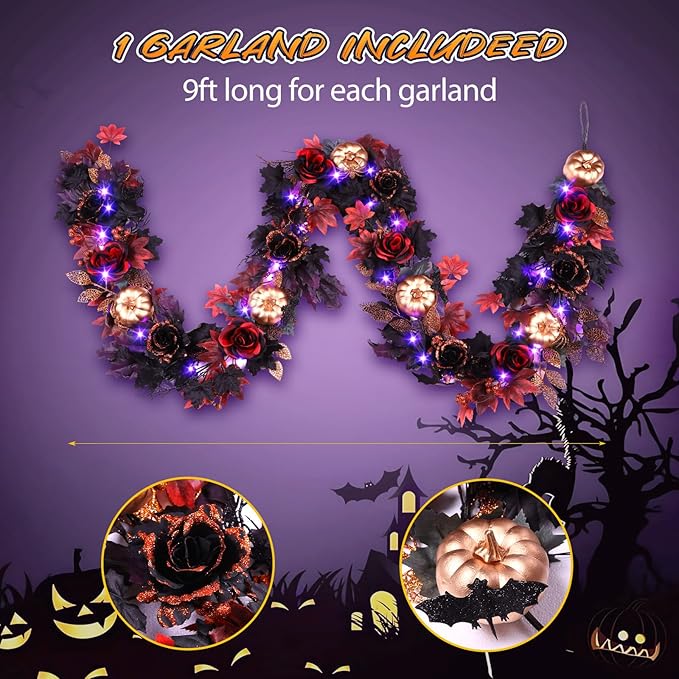 SHareconn 9FT Halloween Garland with Purple Lights Battery Operated and Timer, Pre-Lit Black Red Maple Leaves Lighted Garland Decorations for Fireplace Mantle Centerpiece Indoor Outdoor Decor, 9 FT