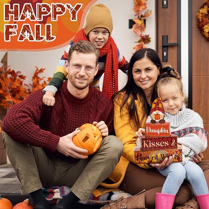4 Pcs Fall Decor for Home Gnomes Wooden Signs with Sayings Fall Gnomes Tiered Tray Decor Autumn Harvest Tabletop Centerpiece Pumpkin Block Signs for Thanksgiving Office Kitchen Shelf