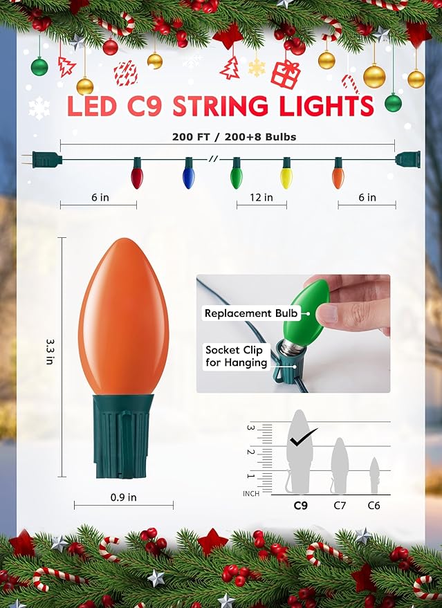 C9 LED Christmas Lights Outdoor, 200 Feet C9 String Light with 200 Shatterproof Matte Bulbs, Connectable Waterproof Christmas Tree Lights for Holiday Roofline Backyard Garden Decor, Multicolor