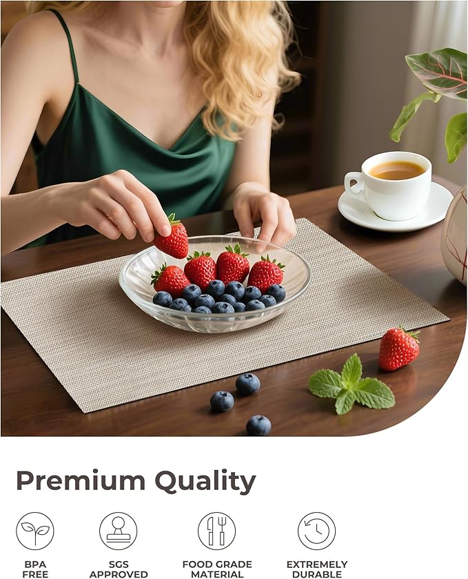 Leetaltree Beige White Placemats Set of 16 - Heat Resistant Non-Slip Place mats for Dining Table, Washable Durable PVC Vinyl Woven Table Mats（Beige White, 16）