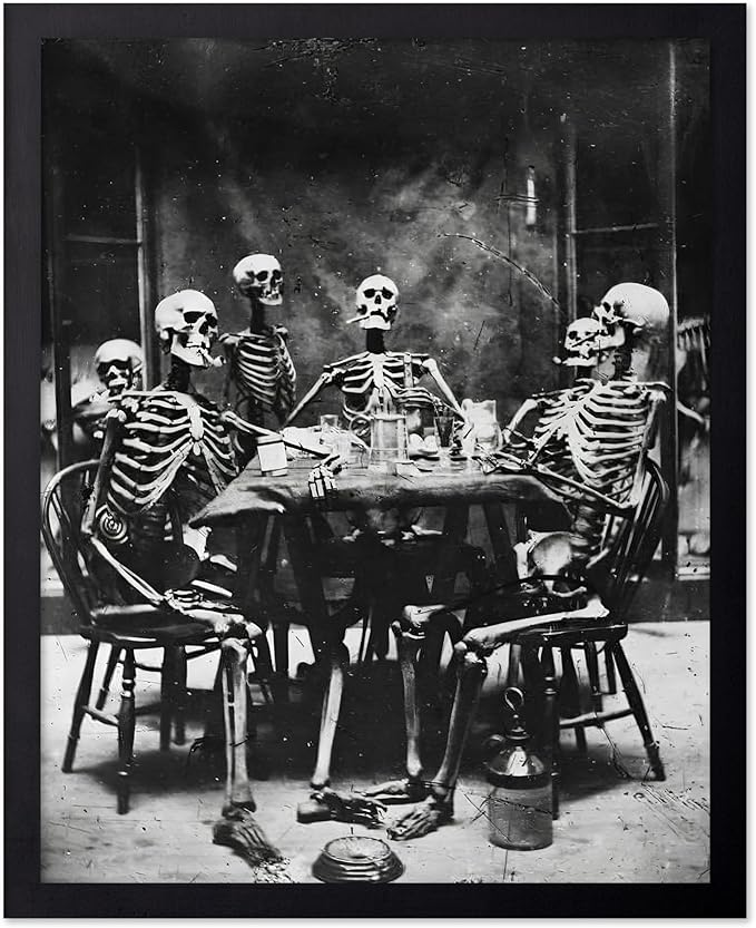 Poster Master Vintage Photograph Poster - Retro Daguerreotype Print - Gift for Artist, Friend - Skeletons Smoking at Table, Dinner Party, Goth - Wall Decor for Home, Dorm, 16x20 Black Framed