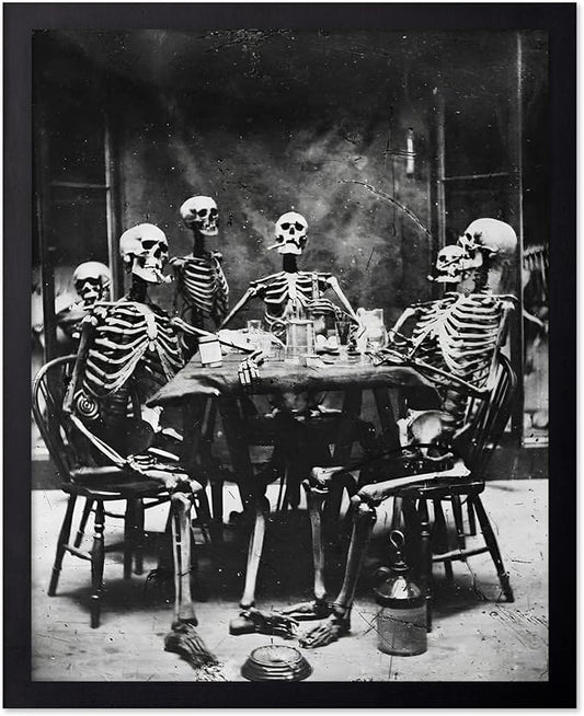 Poster Master Vintage Photograph Poster - Retro Daguerreotype Print - Gift for Artist, Friend - Skeletons Smoking at Table, Dinner Party, Goth - Wall Decor for Home, Dorm, 16x20 Black Framed