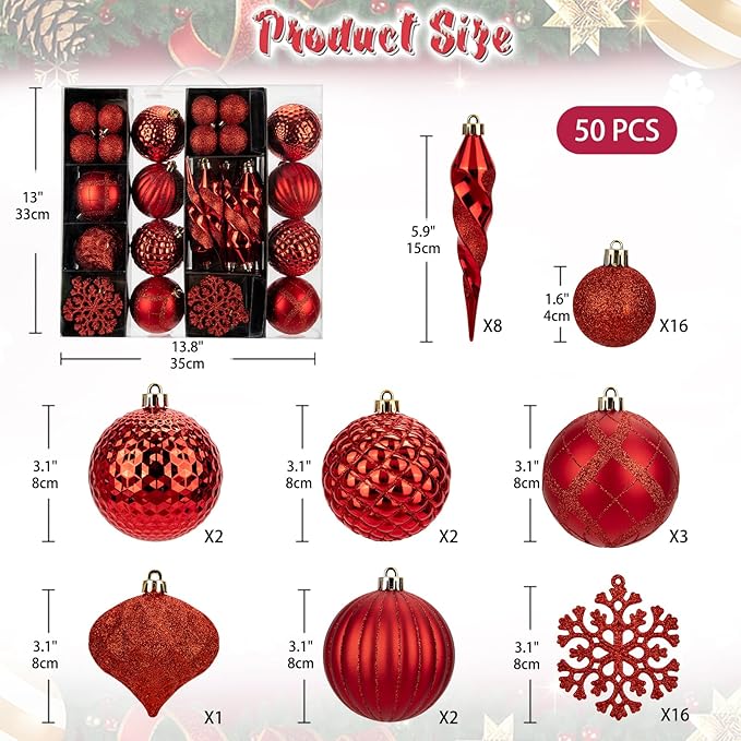 50PCS Christmas Tree Ornaments Set with Shatterproof Balls Icicle Snowflake Hanging Ornaments for Home Office Farmhouse Christmas Decorations, Red