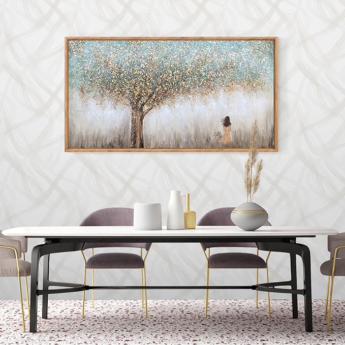Aurlan Tree of Life Hand Painted Framed Wall Decor(40"x20"), Large Abstract Girl under Tree Oil Painting Canvas Artwork, Modern Nature Landscape Art for Office Living Room Bedroom