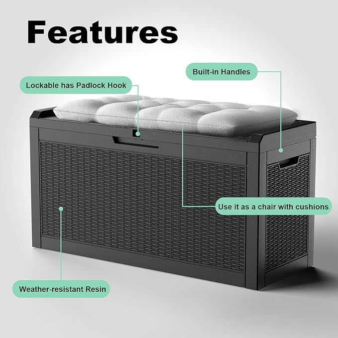 Vixzen 60 Gallon Outdoor Deck Box,Lockable Resin Waterproof Storage Box,UV Resistant,Weather Resistance,Outside Storage Bin for Gardening Tools,Pool Supplies,Black