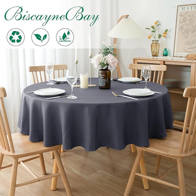 Biscaynebay Textured Fabric Round Tablecloths 60", Dark Grey Water Resistant Table Cloth Small Circle Folding Table Covers for Dining, Kitchen, Wedding, Parties etc Machine Washable