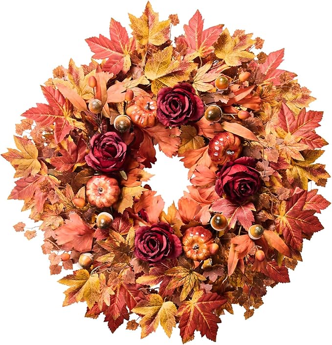 26'' Large Fall Wreath for Front Door, Autumn Wreaths for Outdoor Home Decor - Farmhouse Wreath with Maple Leaves, Pumpkins, Roses, Thanksgiving Decoration, Rustic Harvest Festival Door Hanging