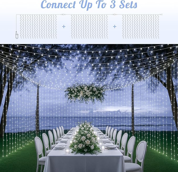 HEYFUNi 304 LED Curtain Lights Outdoor, 9.8Ft*9.8Ft Hanging String Lights Plug in with 8 Modes, Connectable Curtain Fairy Lights for Bedroom, Dorm, Christmas, Wall, Backdrop, Wedding Decor, White