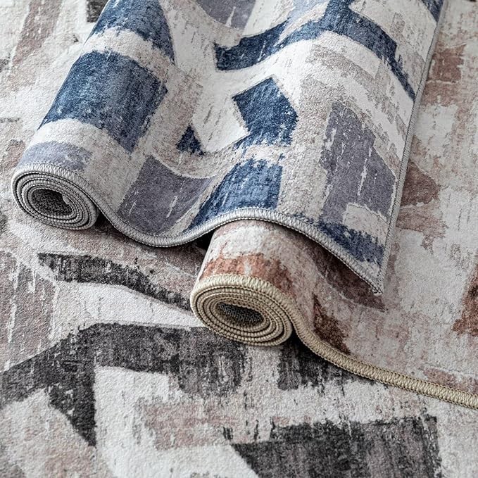 Modern Abstract 8X10 Area Rug for Living Room Bedroom Washable, Non-Slip Rubber Backing Print Faux Wool Thin, Brown Throw Large Carpet for Kids Playroom Dining Room Pet & Child Friendly