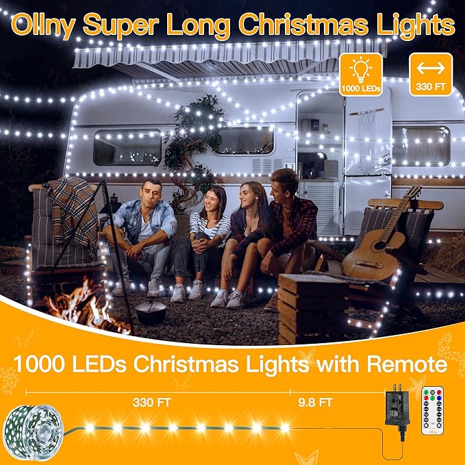 Ollny Christmas Lights 1000 LED 330 FT, IP67 Waterproof Plug in Christmas Tree Lights with Remote, 8 Modes, 3 Timers, Dimmable, House Xmas Indoor Decorations Outdoor String Lights (Cool White)