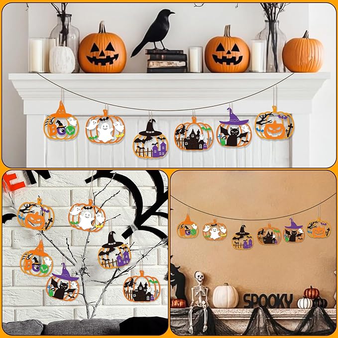 24 PCS Unfinished Wooden Halloween Crafts,Pumpkin Shaped Hanging Ornaments DIY Wood Craft Cutouts for Halloween Party Decor (Hollow Pumpkin)