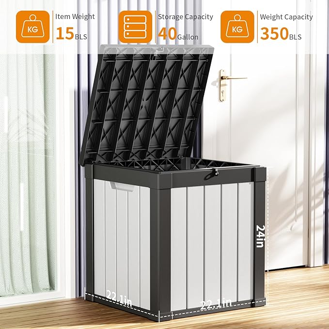40 Gallon Resin Deck Box, Lockable Patio Outdoor Storage Box for Furniture, Garden Tools and Tools Storage, Waterproof Outside Storage Boxes - Black&White