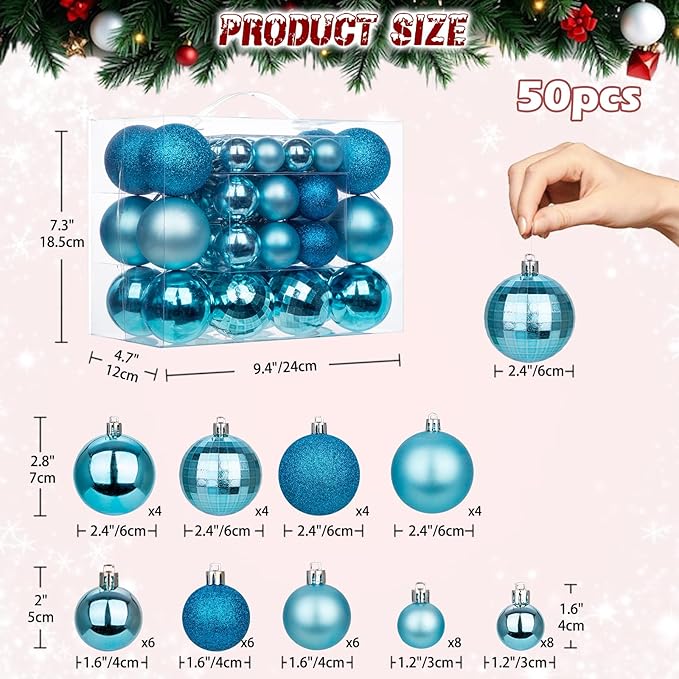 50pcs Christmas Ball Ornaments Lake Blue Large Shatterproof Christmas Tree Balls Decorations Xmas Tree Christmas Ornaments Balls with Hanging Loop for Christmas Wedding Holiday Party Wreath Home Decor