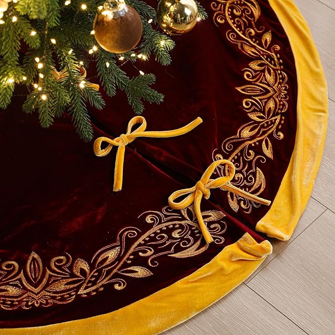 Luxury Velvet Christmas Tree Skirt 48 Inch Gold Victoria Embroidery Vintage Sparking Holly Tree Skirt for Holiday Party Rustic Xmas Decorations Home(Burgundy)