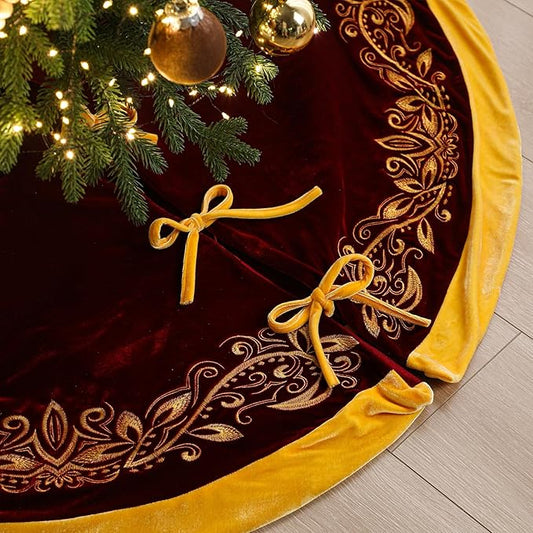 Luxury Velvet Christmas Tree Skirt 48 Inch Gold Victoria Embroidery Vintage Sparking Holly Tree Skirt for Holiday Party Rustic Xmas Decorations Home(Burgundy)