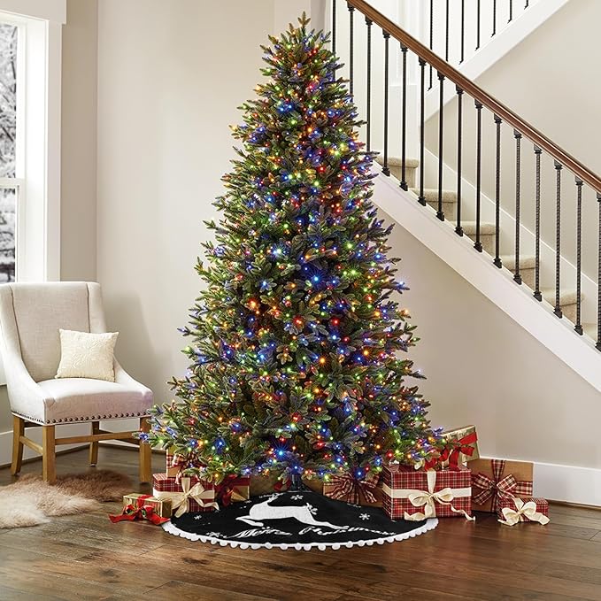 36 Inch Christmas Tree Skirt, Burlap Black Christmas Rustic Tree Skirt with Elk Deer and White Snowflake Printed for Holiday Party Xmas Tree Decoration