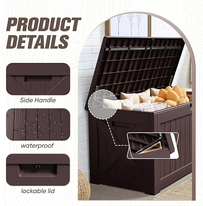 JUMMICO 120 Gallon Resin Deck Box, Large Outdoor Storage Box Waterproof & Lockable for Garden, Patio, Pools (Deep Brown)
