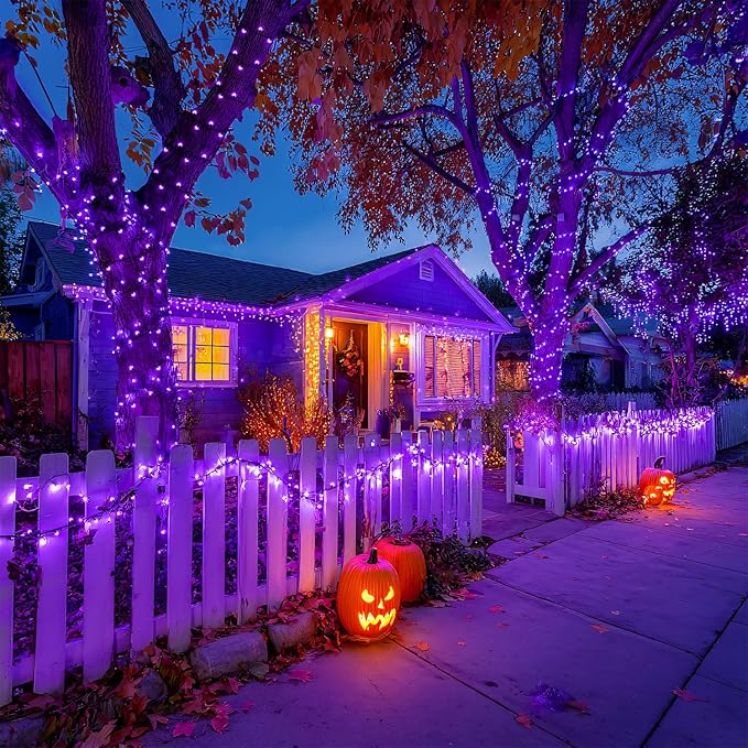 JMEXSUSS 2 Pack Purple Solar Halloween Lights, Total 400 LED 151FT Purple Halloween Lights Outdoor Waterproof, 8 Modes Solar Christmas Light for Outside Patio Yard Tree Decorations