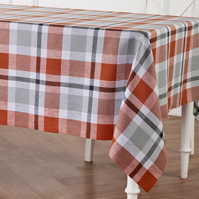Solino Home Linen Tablecloth 60 x 90 Inch - 100% Pure Linen Plaid Cinnamon Table Cloth for Rectangle Tables - Fall Buffalo Check Machine Washable Tablecloth for Autumn, Halloween, Thanksgiving