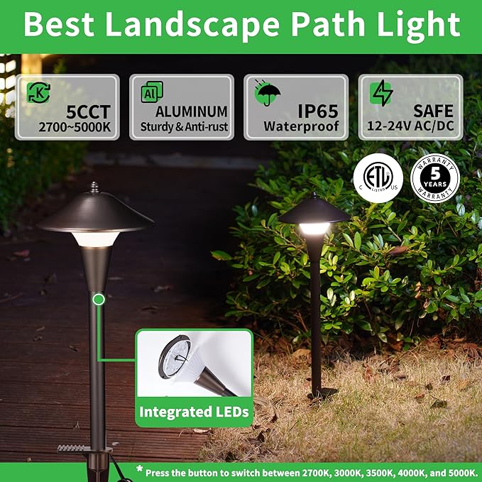Outdoor Pathway Lights Wired 12V, 2700K/3000K/3500K/4000K/5000K Selectable Landscape Path Light LED, Waterproof Walkway Fixture Mushroom, ORB Aluminum for All Weather Garden Yard (8 Pack)