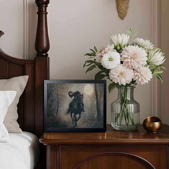 Black Wood Framed Halloween Canvas Wall Art Painting, Headless knight holding a pumpkin lantern Wall Decor, Vintage Dark Academia Gothic Poster Print, for Living Room Bedroom Office Decor 8x10 Inch