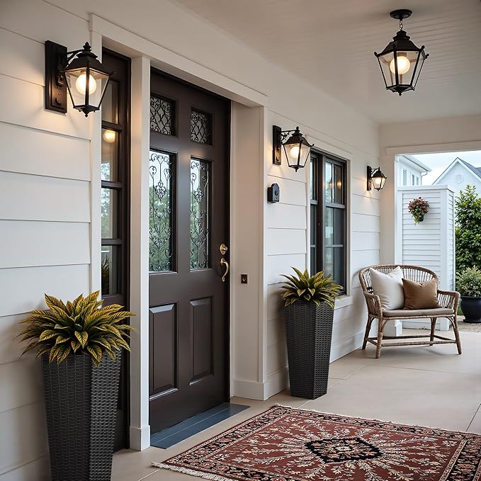 JUMMICO Set of 2 Resin Rattan Tall Planters for Outdoor Plants, Large Tapered Planters with Drainage Holes&Inner Trays, Flower Pots for Garden, Patio, Porch, Backyard (Black, 24'')