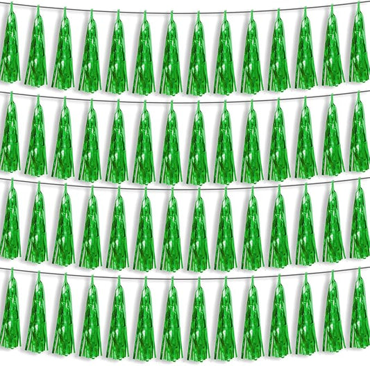 4P Green Foil Fringe Metallic Streamers Banner Tassel Garland for Parade Floats, Bachelorette, Wedding, Birthday, Halloween, Christmas, Bridal/Baby Shower Party Decorations