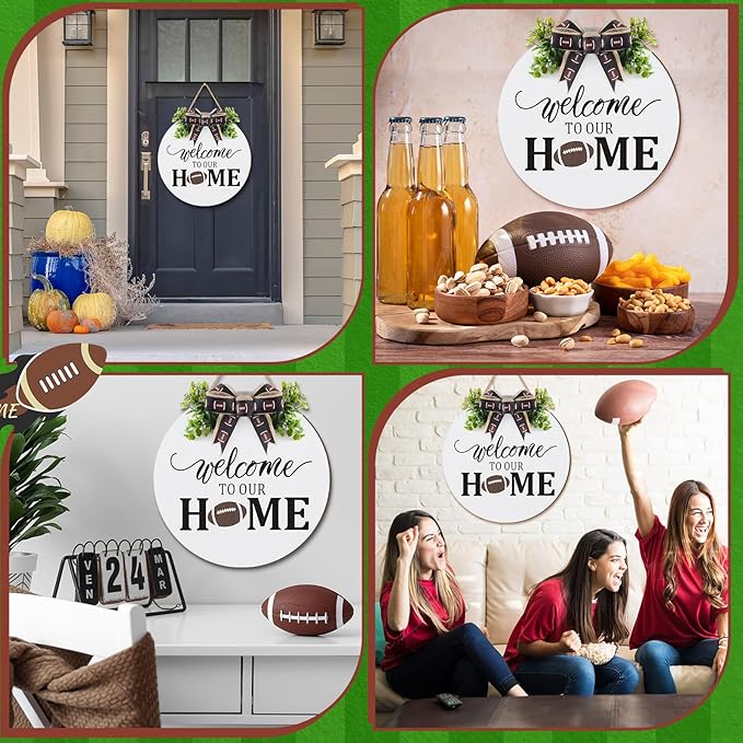 Hello Fall Football Sign for Front Door Thanksgiving Wooden Hanging Sign Fall Welcome Wreaths with Bow Turkey Farmhouse Wall Decoration for Home Autumn Harvest Front Porch Decor(Home)