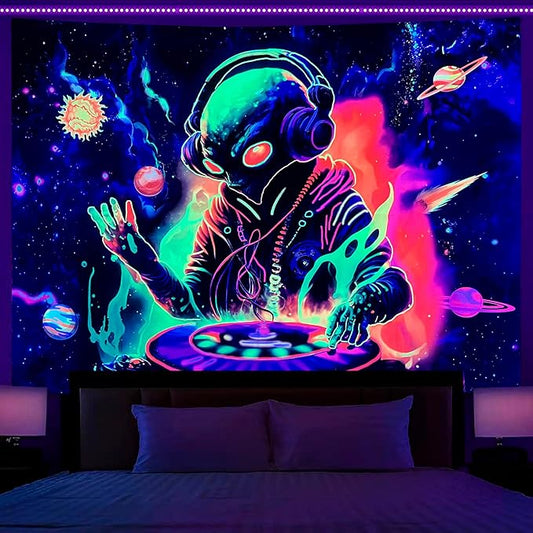 OSVINO Blacklight Alien Tapestry 79"x59" UV Reactive Alien DJing Wall Hanging Art Bedroom Decor Moon and Sun Planets Posters Wall Hanging Hippie Decor