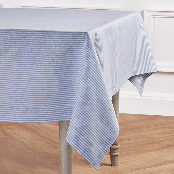 Solino Home Linen Tablecloth 60 x 144 Inch - Narrow Stripe 100% Pure Linen Cornflower Blue and White Table Cloth for Rectangle Tables - Machine Washable Tablecloth