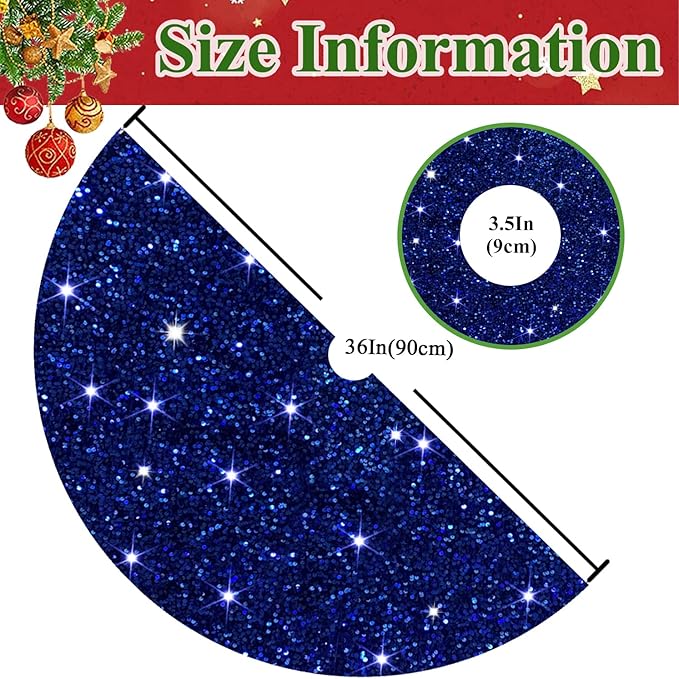 MODFUNS Blue Christmas Tree Skirt Decorations 36 Inches Sequin Christmas Tree Skirt Sparkly Tree Mat Embroidery Velvet Tree Skirts Xmas Ornaments Halloween Tree Cover Skirt Round Sequin Tree Base Mat