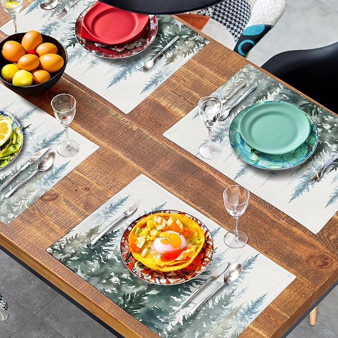 Watercolor Dark Green Tree Table Mats Set of 4 Rustic Nature Forest Pine Tree Placemats Seasonal Winter Holiday Place Mat Farmhouse Washable Linen Placemat for Dining Table Kitchen Christmas Decor