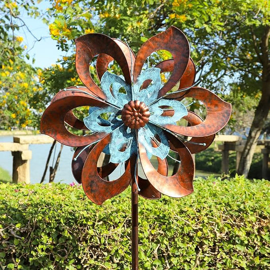 Garden Wind Spinner,Flower Wind Spinner,Outdoor Metal Wind Sculpture & Spinner Large 23 inch Dia 84 inch Height Kinetic Windmill for Garden Yard