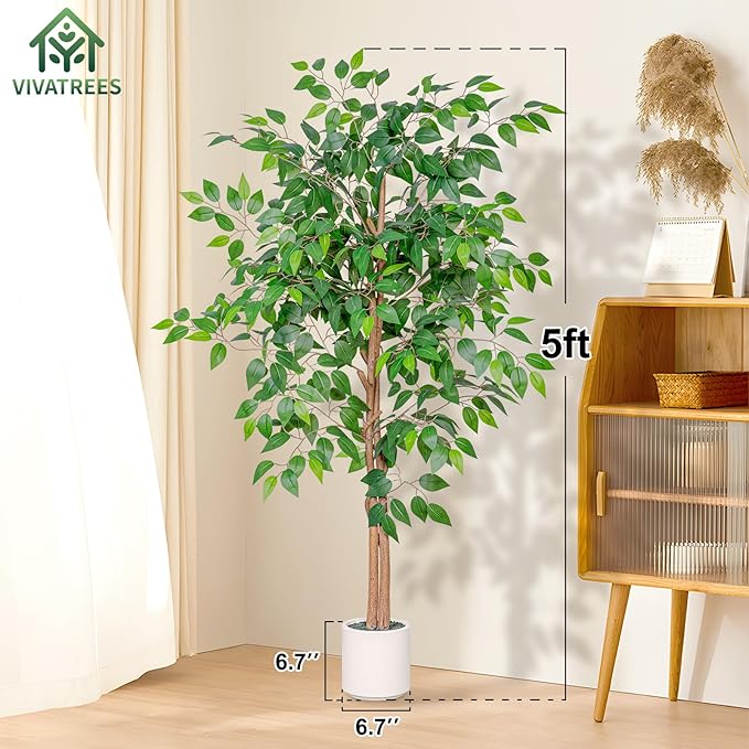 5FT Artificial Ficus Tree with White Planter, Realistic Faux Silk Indoor Outdoor Plant for Home Office Living Room, Porch, Garden Decor