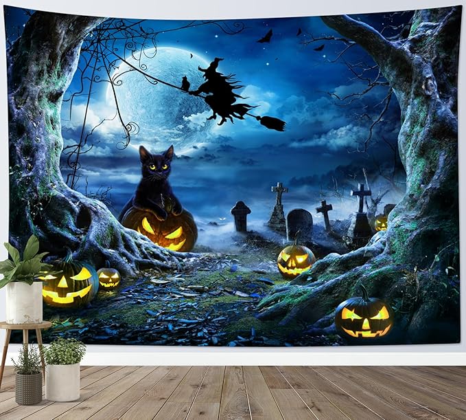 LB Halloween Wall Tapestry 80x60 Inch - Spooky Graveyard Scene with Witch, Black Cat, Pumpkin, Full Moon & Dead Tree Decor for Bedroom, Living Room, Dorm, Party