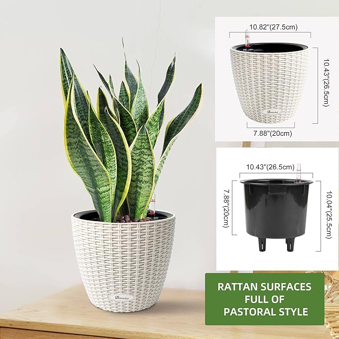 Dexceder 11x10 Inches Rattan Self Watering Planter Indoor Outdoor, Inner Pot Design, Thickened Table Flower Plant Pot with Water Level Indicator (Ivory White)