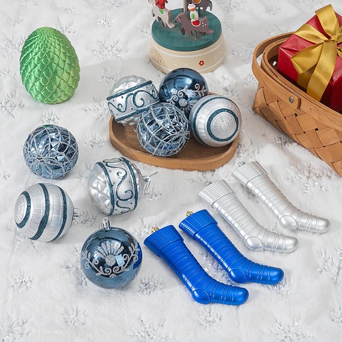 150PCS Blue and Silver Christmas Ornaments, Shatterproof Christmas Ball Ornaments Set, Assorted Christmas Baubles Hanging Decorations for Xmas Tree Home Festival Party Wedding (Blue & Silver)