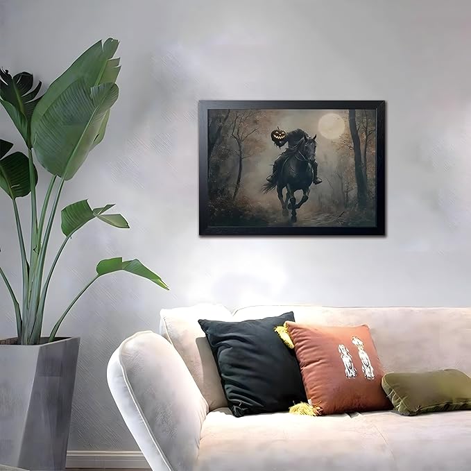 Black Wood Framed Halloween Canvas Wall Art Painting, Headless knight holding a pumpkin lantern Wall Decor, Vintage Dark Academia Gothic Poster Print, for Living Room Bedroom Office Decor 12x16 Inch